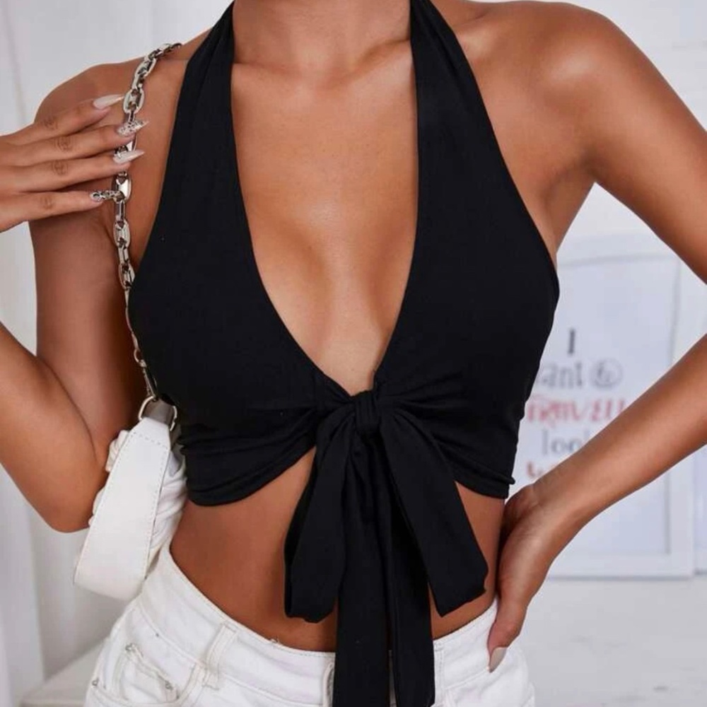 Knot Front Plunging Neck Halter Top